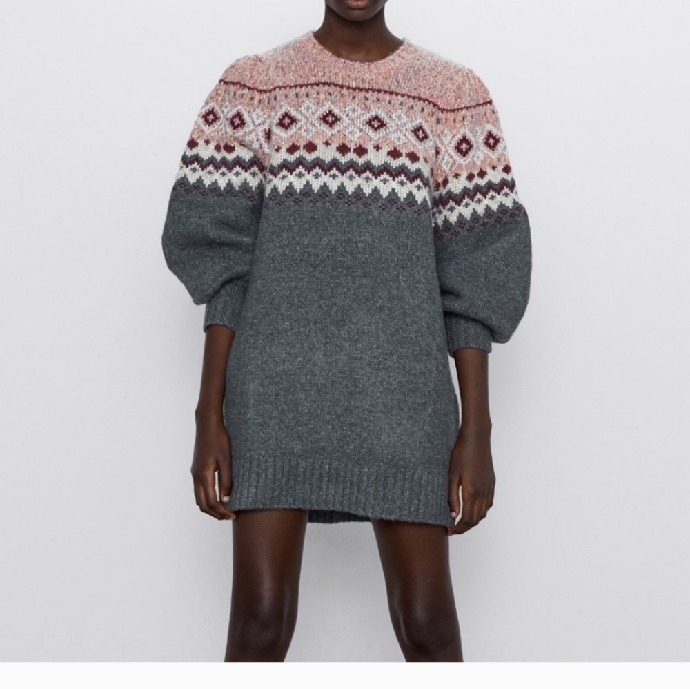 NWOT Rare  Zara Fair Isle knit Balloon Sleeve Jacquard Dress small